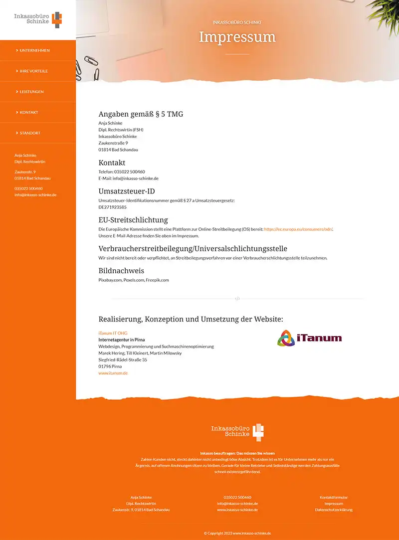 Inkassobüro Schinke aus Bad Schandau - Screenshot Fullsize Unterseite